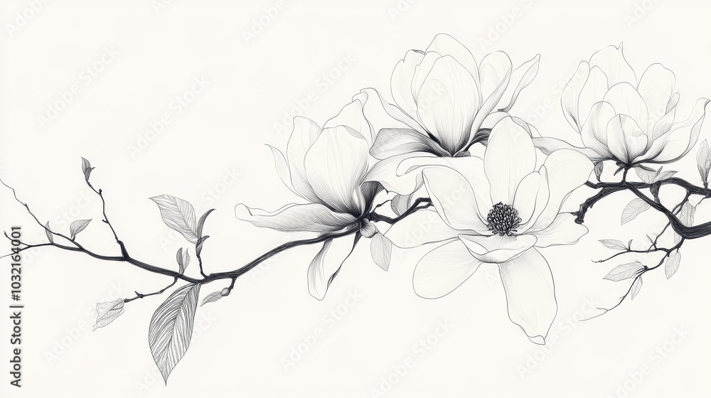 elegant black line drawings of magnolia blooms and branches meticulous detail in petal structure and leaf veination negative space artfully incorporated varying line weights add depth botanical elegant black line drawings of magnolia blooms and branches meticulous detail in petal structure and leaf veination negative space artfully incorporated varying line weights add depth botanical