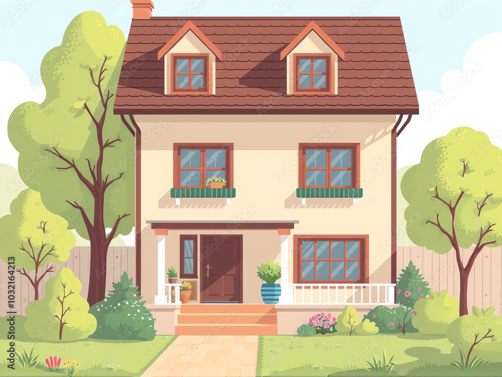 cartoon illustration of a house with garden cartoon illustration of a house with garden