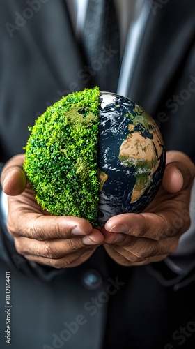 Businessman Holding a Miniature Globe Showcasing the Balance Between Business and Environment photo