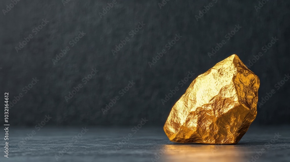 Naklejka premium A shimmering gold nugget glimmers under soft light, showcasing its unique texture and natural beauty against a dark background.