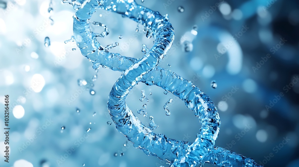 A double helix shaped water droplet forms a DNA structure against a blue background. A double helix shaped water droplet forms a DNA structure against a blue background.