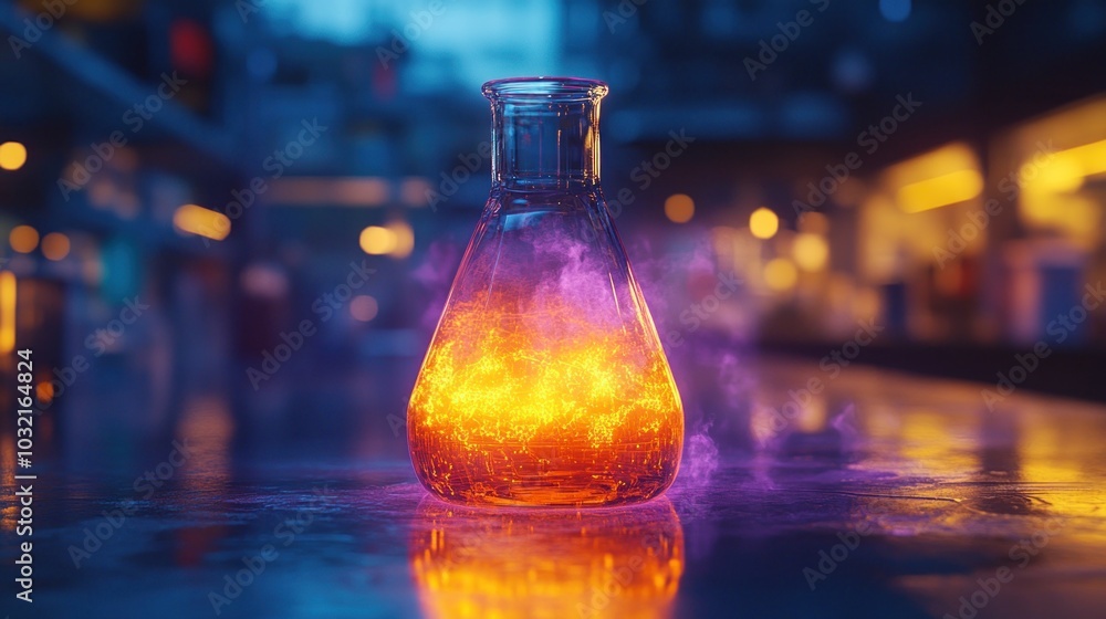 A glass flask filled with a glowing orange liquid, emitting purple smoke, sits on a table with a blurred background. A glass flask filled with a glowing orange liquid, emitting purple smoke, sits on a table with a blurred background.