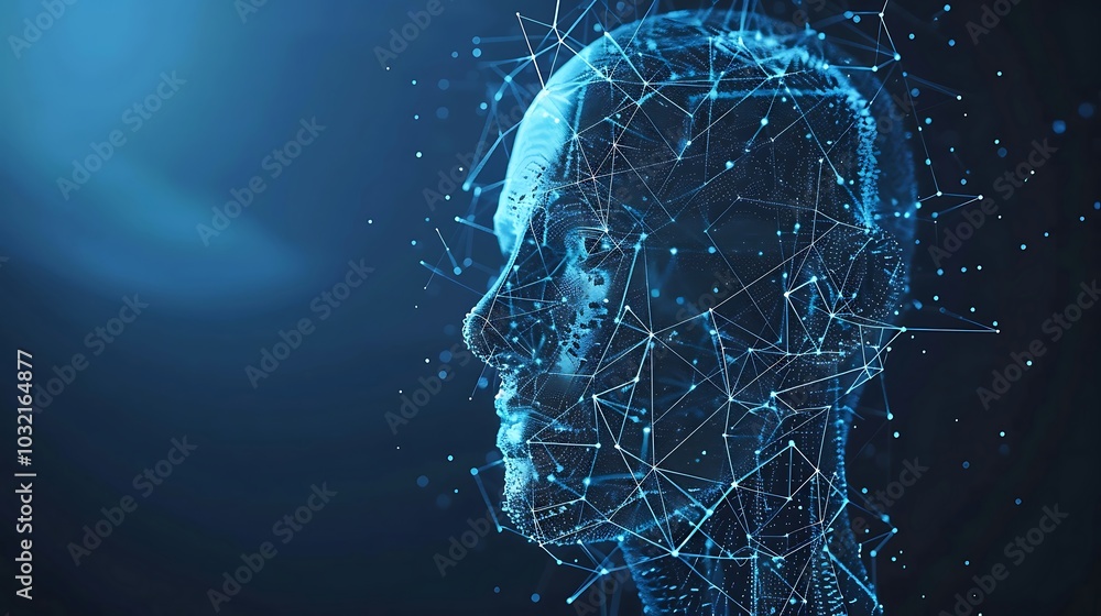 A digital rendering of a human head constructed from interconnected lines and nodes. The head is turned to the side, and the background is a dark blue with a bright light source on the left. A digital rendering of a human head constructed from interconnected lines and nodes. The head is turned to the side, and the background is a dark blue with a bright light source on the left.