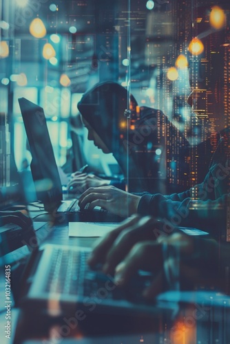 Two individuals typing away on their laptops in a dimly lit environment