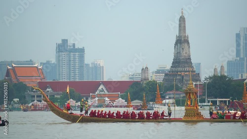 The royal barge procession at Wat Arun is an ancient ceremony using  The Royal Barge Suphannahong Suphan Swan boat or Suphannahong boat in Chao Phraya river at Bangkok Thailand 