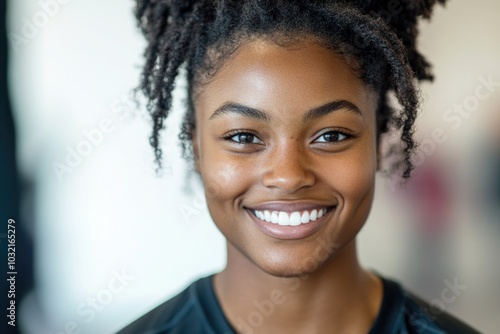 A woman wearing a black shirt smiles directly at the camera, conveying friendliness and approachability