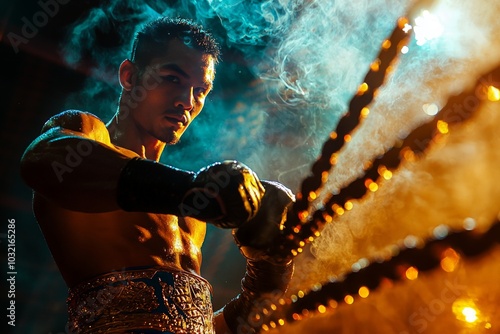 Traditional Muay Thai Fighter Performing Wai Khru Ritual photo