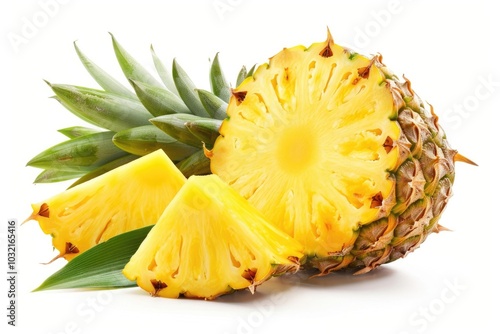 pineapple juicy yellow fruit with slices and leaf isolated on white background