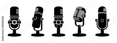 Set of microphone web icon . Flat retro music, studio and radio mic sign collection. Black silhouette design, vector art image illustration, isolated on white background.