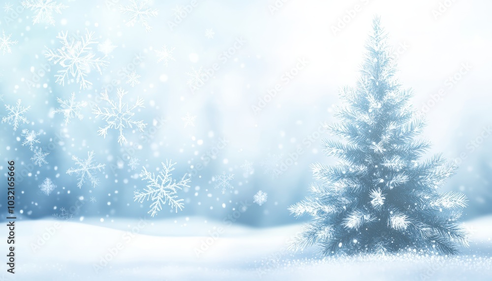 A blurred Christmas tree among a snowy landscape with delicate snowflakes A blurred Christmas tree among a snowy landscape with delicate snowflakes