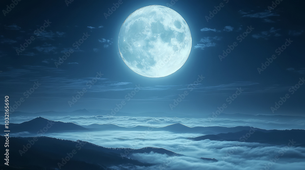 Forest valley and huge full moon background at night Forest valley and huge full moon background at night