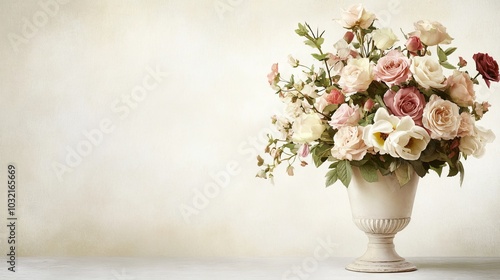 Wallpaper Mural lush bouquet of mixed vintage flowers erupts from antique vase, spilling onto weathered white surface muted palette evokes sepia-toned memories delicate details in petals and leaves create intricate Torontodigital.ca