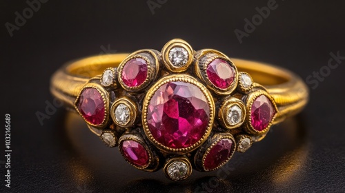 Gorgeous ring made of antique gold set with real rubies and diamonds