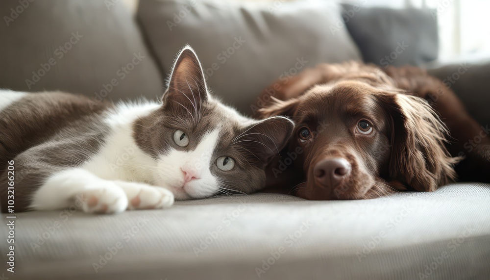 A cat and dog relaxing together on the sofa in a cozy living room A cat and dog relaxing together on the sofa in a cozy living room