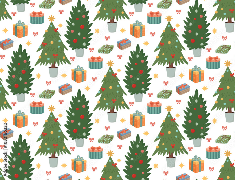 Seamless pattern with decorated Christmas trees and present boxes. Colorful holiday background Seamless pattern with decorated Christmas trees and present boxes. Colorful holiday background