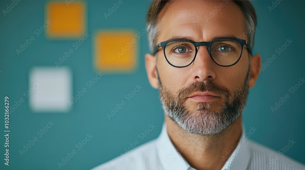 Close up portrait of a serious looking HR manager in glasses and a beard preparing for an employee performance review meeting by reviewing key performance indicators and planning strategies Close up portrait of a serious looking HR manager in glasses and a beard preparing for an employee performance review meeting by reviewing key performance indicators and planning strategies