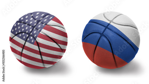 basketball balls with the national flags of united states of america and russia on the white background. photo