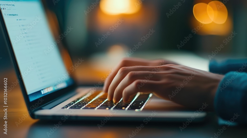Close up of Hands Typing on Laptop with Financial Data and Business Strategy Displayed on Screen in a Startup Office Environment Representing Entrepreneurial and Corporate Planning Close up of Hands Typing on Laptop with Financial Data and Business Strategy Displayed on Screen in a Startup Office Environment Representing Entrepreneurial and Corporate Planning