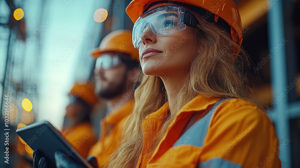 A female construction worker in a hard hat and safety glasses, looking up with a serious expression while holding a tablet computer. A female construction worker in a hard hat and safety glasses, looking up with a serious expression while holding a tablet computer.