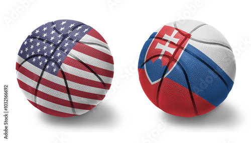 Photography basketball balls with the national flags of united states of america and slovakia on the white background