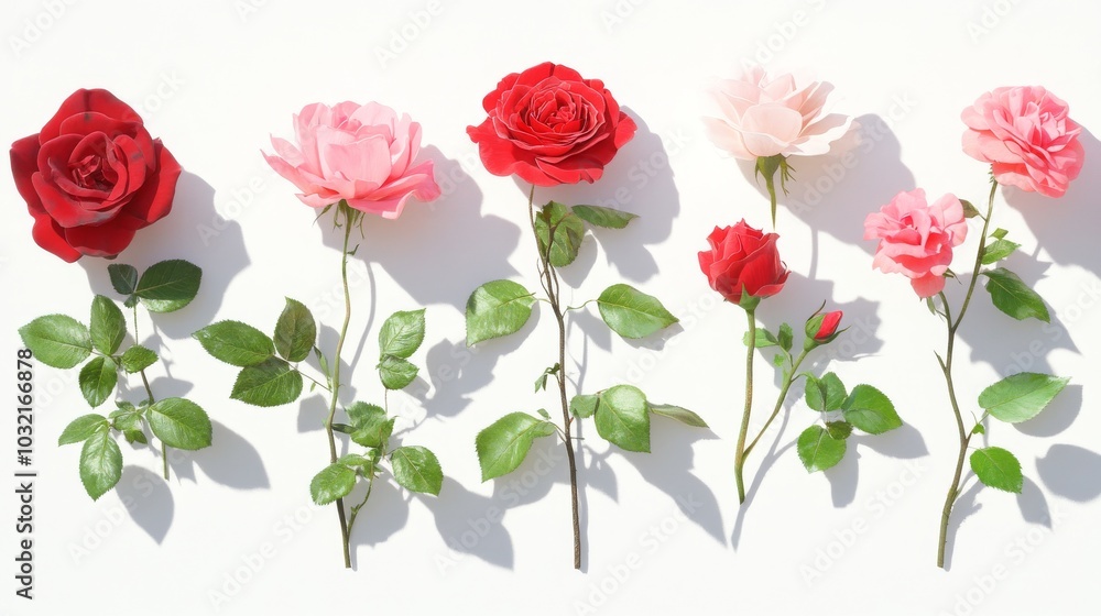 Fototapeta premium red and pink rose blooms in various stages of unfurling, interspersed with verdant leaves meticulously arranged in a linear composition ethereal shadows cast on pristine white backdrop