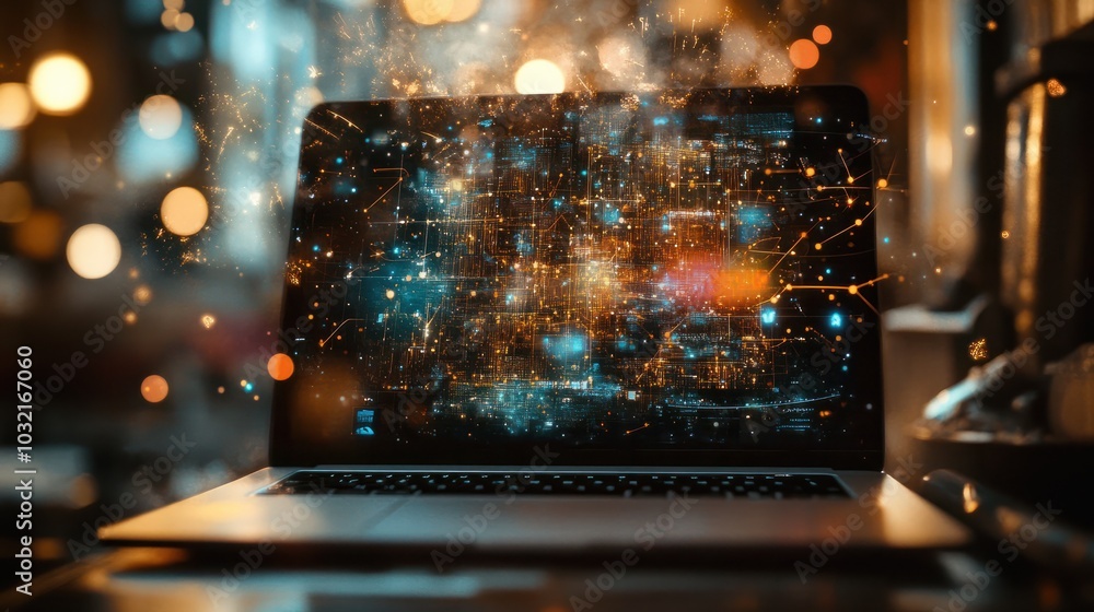 A laptop screen shows a complex web of icons and symbols