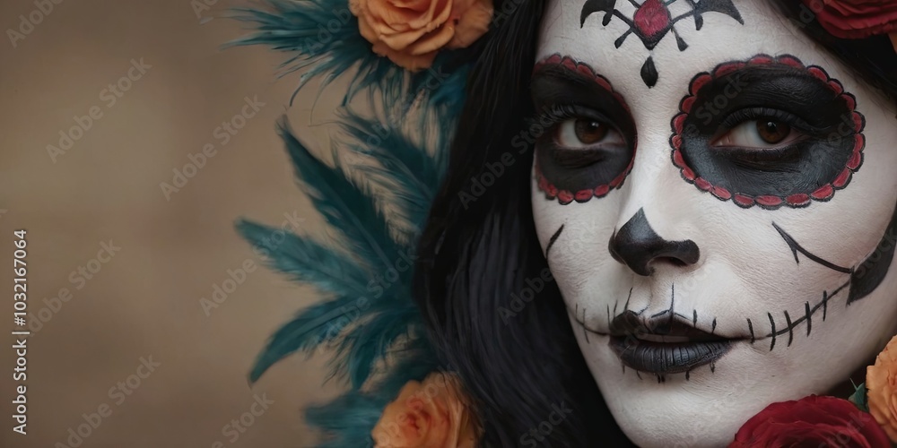 A woman with a black and white face paint and red roses in her hair A woman with a black and white face paint and red roses in her hair