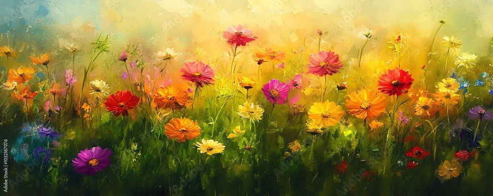 Lush summer meadow depicted in a digital oil painting, vibrant wildflowers in full bloom, impressionistic strokes conveying beauty and serenity Lush summer meadow depicted in a digital oil painting, vibrant wildflowers in full bloom, impressionistic strokes conveying beauty and serenity