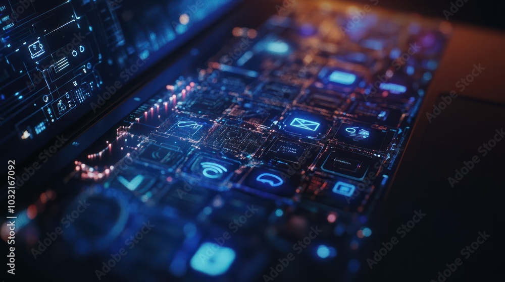 A laptop screen shows a complex web of icons and symbols A laptop screen shows a complex web of icons and symbols