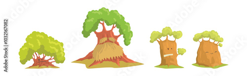 Cute Tree Character with Trunk and Green Crown Have Face Vector Set