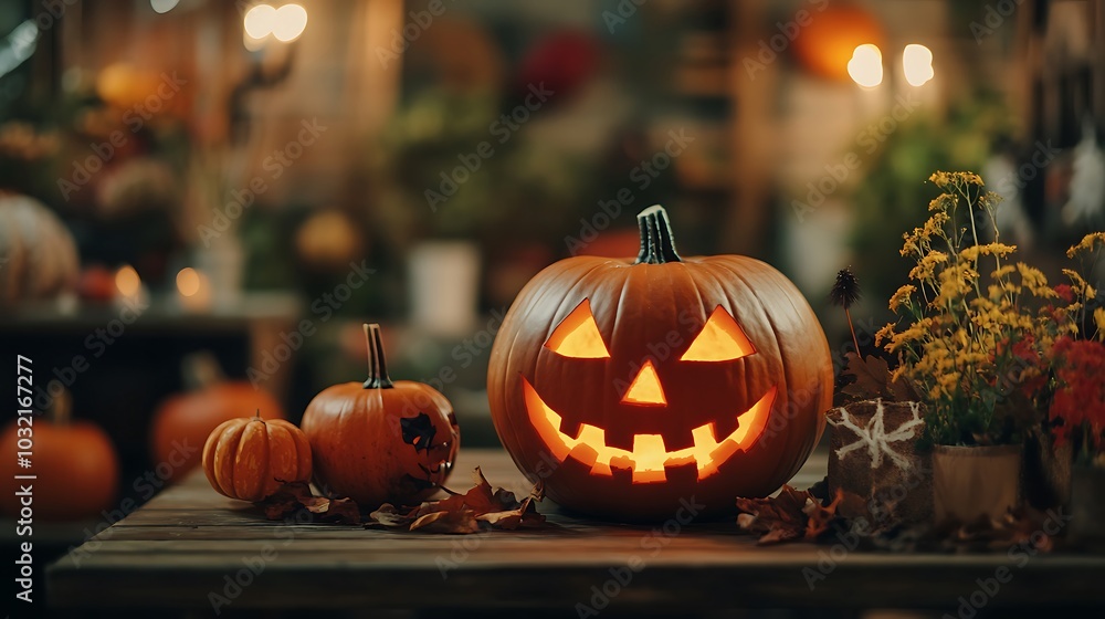 A jack-o-lantern with a carved face glows brightly on a wooden table, surrounded by other pumpkins, fall leaves, and a potted plant. A jack-o-lantern with a carved face glows brightly on a wooden table, surrounded by other pumpkins, fall leaves, and a potted plant.