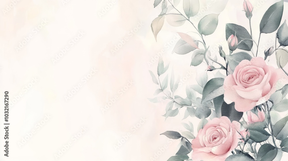 seamless border of pink roses and foliage in soft watercolor delicate washes blend hues, creating dreamy pastel palette leaves rendered in muted sage tones subtle vintage patina evokes timeless seamless border of pink roses and foliage in soft watercolor delicate washes blend hues, creating dreamy pastel palette leaves rendered in muted sage tones subtle vintage patina evokes timeless