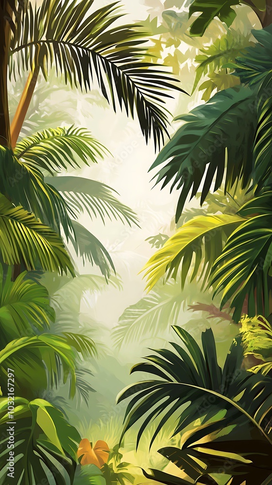 Fototapeta premium Lush Tropical Rainforest with Sunlight Filtering Through Foliage