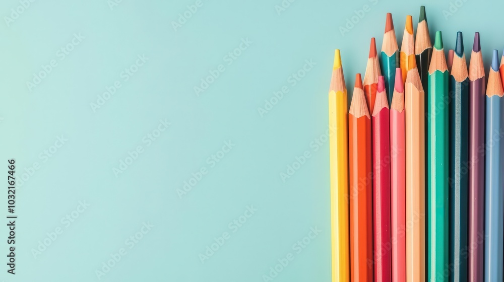 Neatly arranged colored pencils in a spectrum of colors, perfect for art class supplies or educational websites Neatly arranged colored pencils in a spectrum of colors, perfect for art class supplies or educational websites