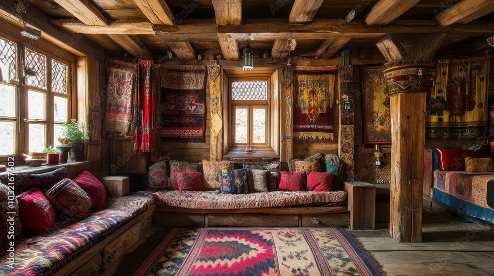 Take in the comforts of a cosy mountain getaway in Romania. The cabin's handcrafted furnishings and exquisite Romanian motifs cover its timbered walls, adding to its rustic charm. Take in the comforts of a cosy mountain getaway in Romania. The cabin's handcrafted furnishings and exquisite Romanian motifs cover its timbered walls, adding to its rustic charm.