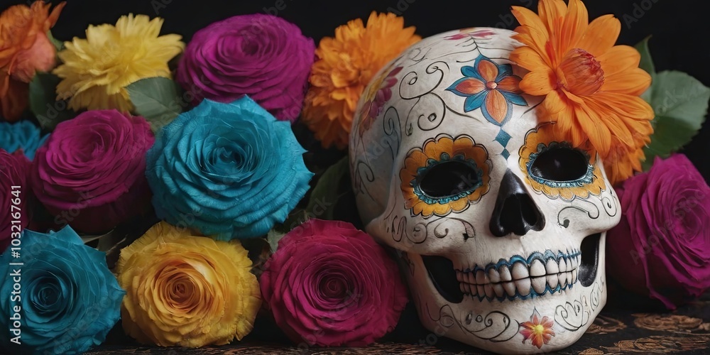 A skull with a flower on top is surrounded by colorful flowers A skull with a flower on top is surrounded by colorful flowers