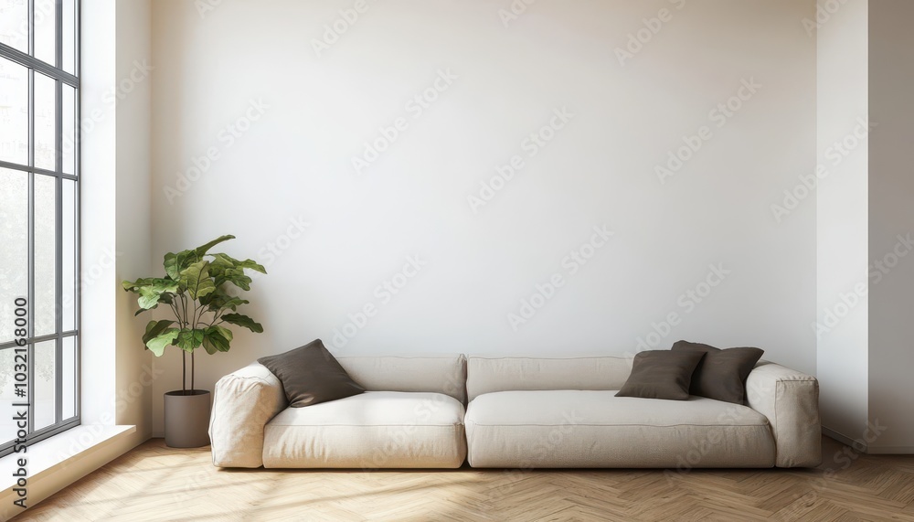 Modern living room featuring a beige couch and vacant white wall with large windows Modern living room featuring a beige couch and vacant white wall with large windows