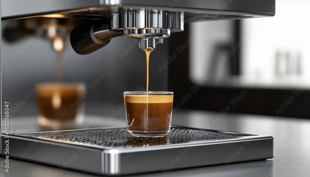 Coffee machine pouring a fresh espresso shot into a glass cup in a modern kitchen Coffee machine pouring a fresh espresso shot into a glass cup in a modern kitchen