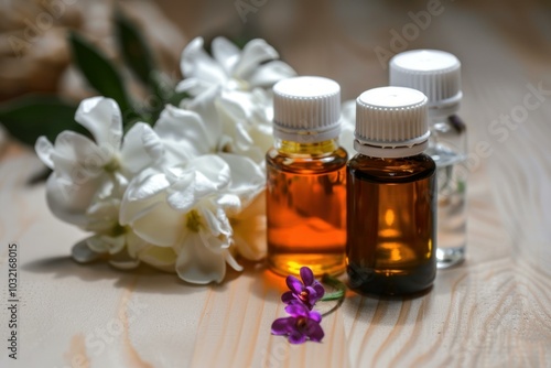 Three amber bottles of essential oil for aromatherapy with jasmine and violets on a wooden table