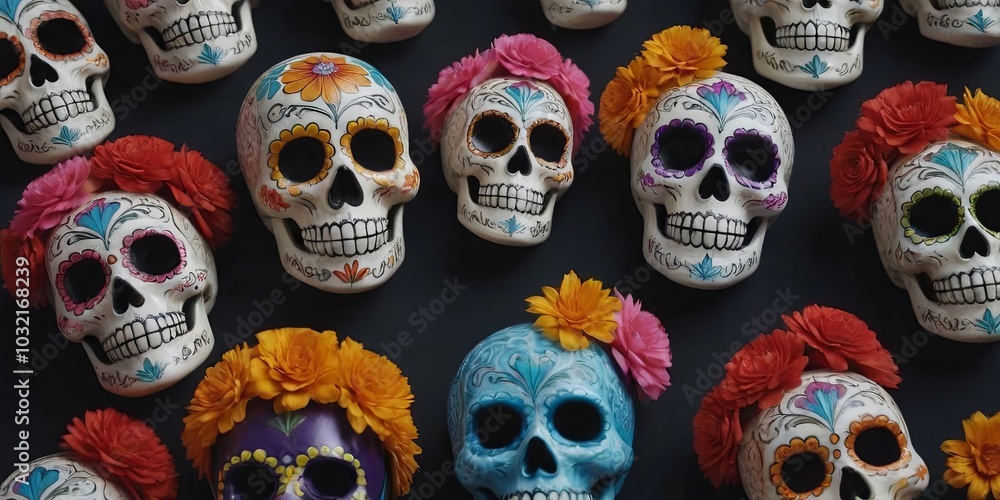 A row of colorful skulls with flowers on them A row of colorful skulls with flowers on them