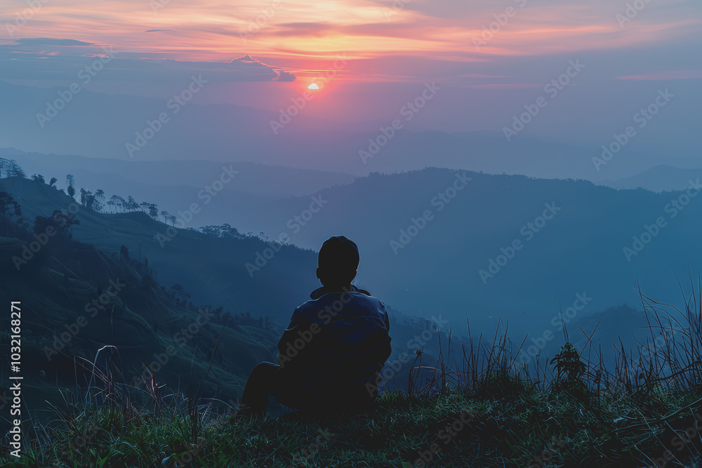 A man who hikers enjoy a break look at the top of the mountain at sunset adventure travel. A man who hikers enjoy a break look at the top of the mountain at sunset adventure travel.