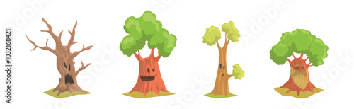Cute Tree Character with Trunk and Green Crown Have Face Vector Set