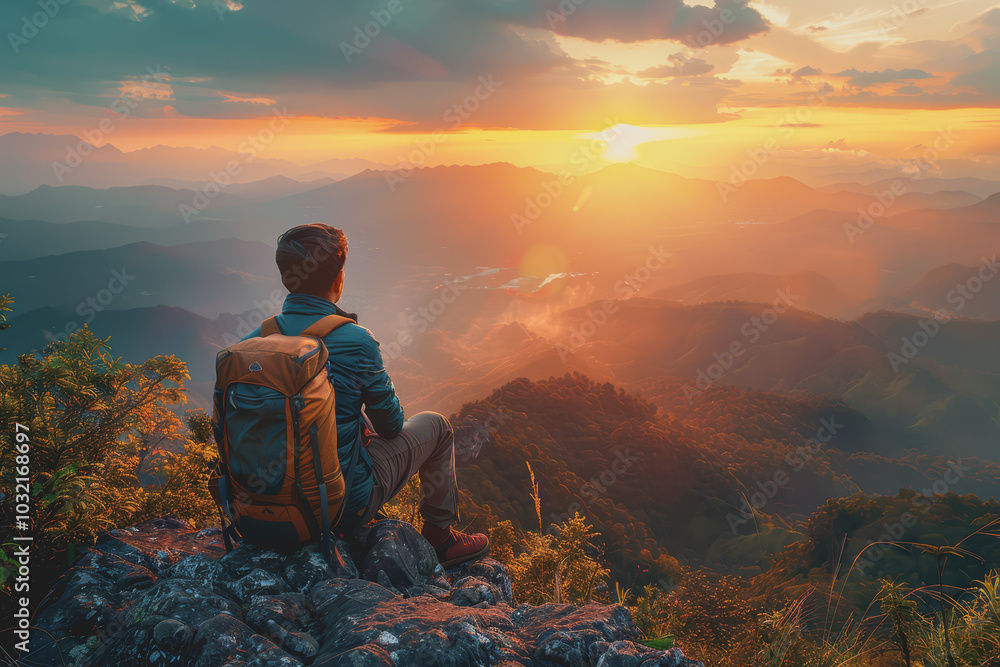 Fototapeta premium A man who hikers enjoy a break look at the top of the mountain at sunset adventure travel.
