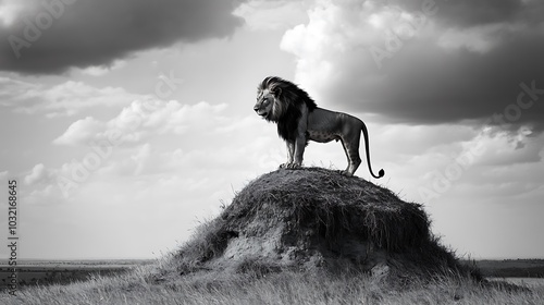 A majestic lion standing on a mound in a black and white landscape