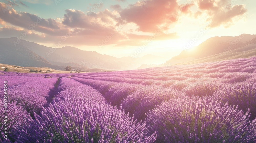 Lavender field at sunset in the mountains. Lavender field at sunset in the mountains.