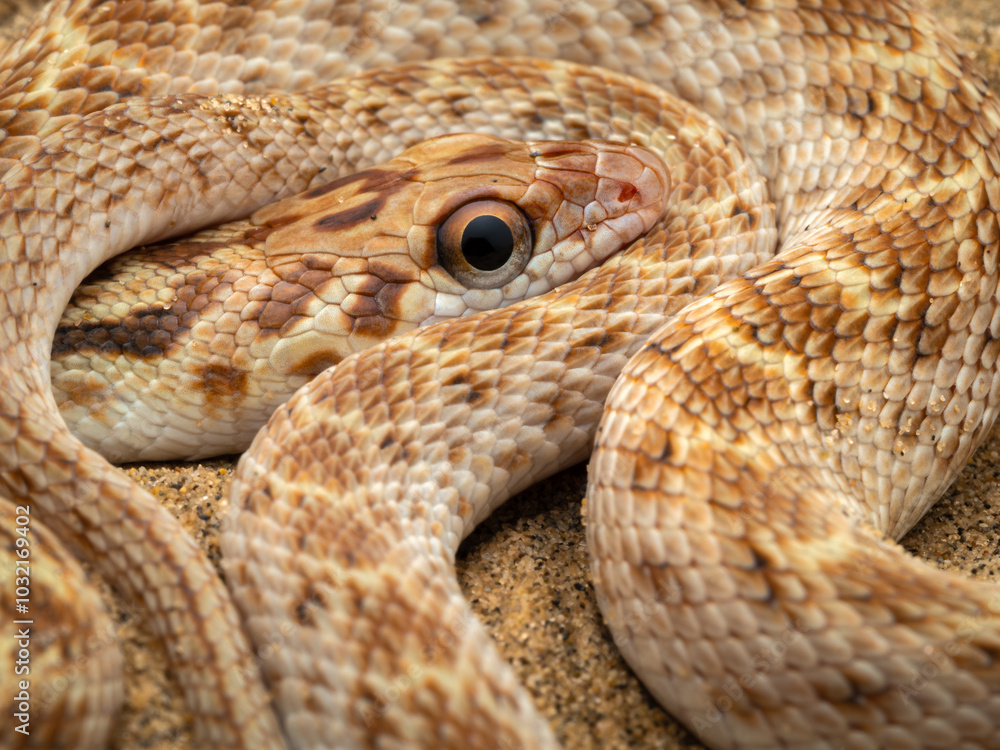 Fototapeta premium Close-up image of a coiled-up red-spotted diadem snake resting on a sand dune showing scale, body and head details from Jaisalmer, Rajasthan, India