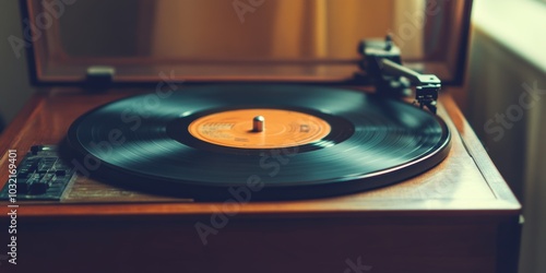 Vintage record player with vinyl spinning. photo