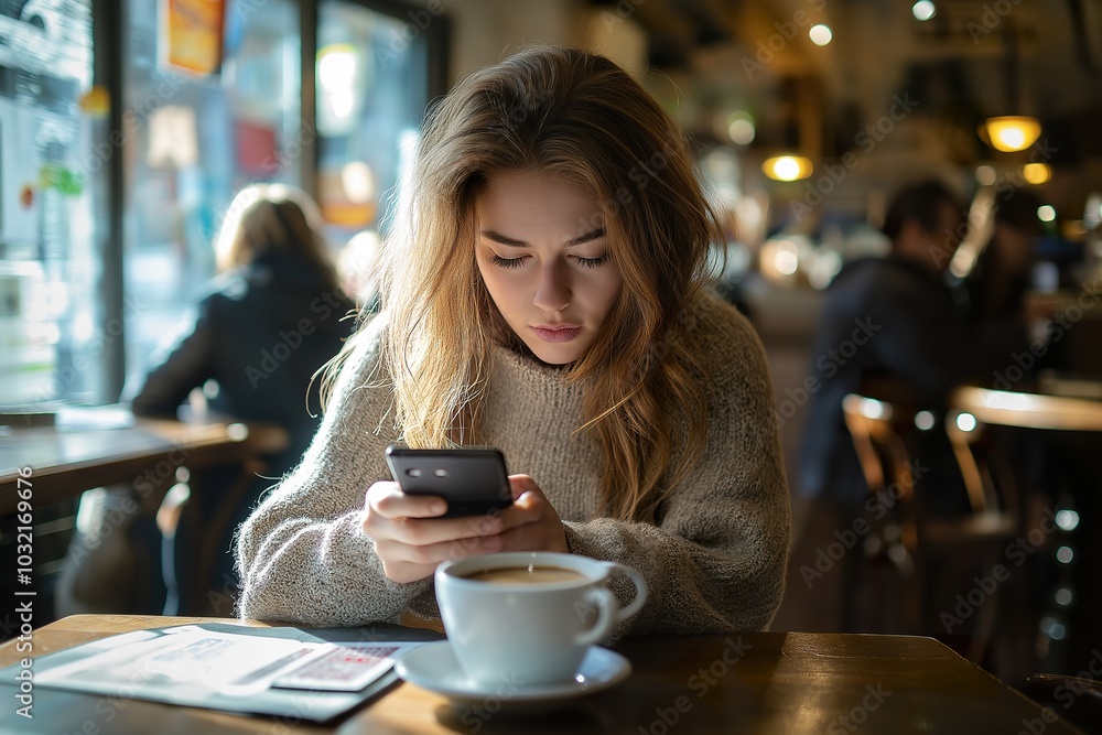 A young woman sits in a bustling cafe, discreetly gambling on her phone while sipping coffee in a lively atmosphere during daytime A young woman sits in a bustling cafe, discreetly gambling on her phone while sipping coffee in a lively atmosphere during daytime