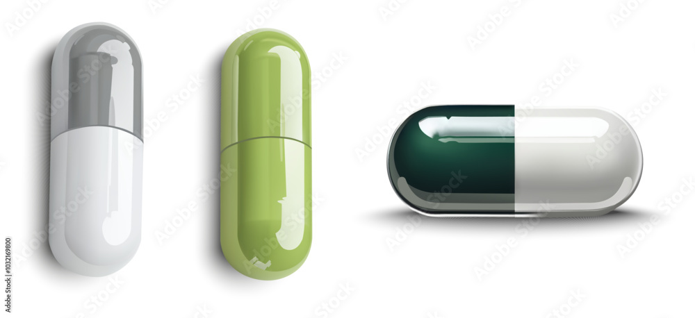 A set of three isolated capsule pills in different shades of white, green, and gray, placed on a white background. Vector realistic mockup of pharmaceutical capsule A set of three isolated capsule pills in different shades of white, green, and gray, placed on a white background. Vector realistic mockup of pharmaceutical capsule