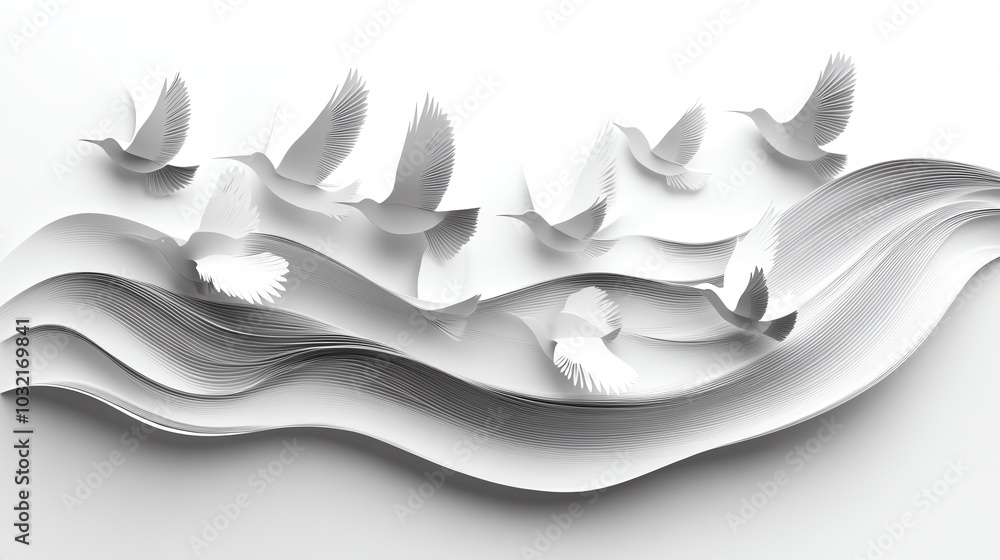 Soft paper cut bird silhouettes, flowing delicate lines, 3D illustration Soft paper cut bird silhouettes, flowing delicate lines, 3D illustration